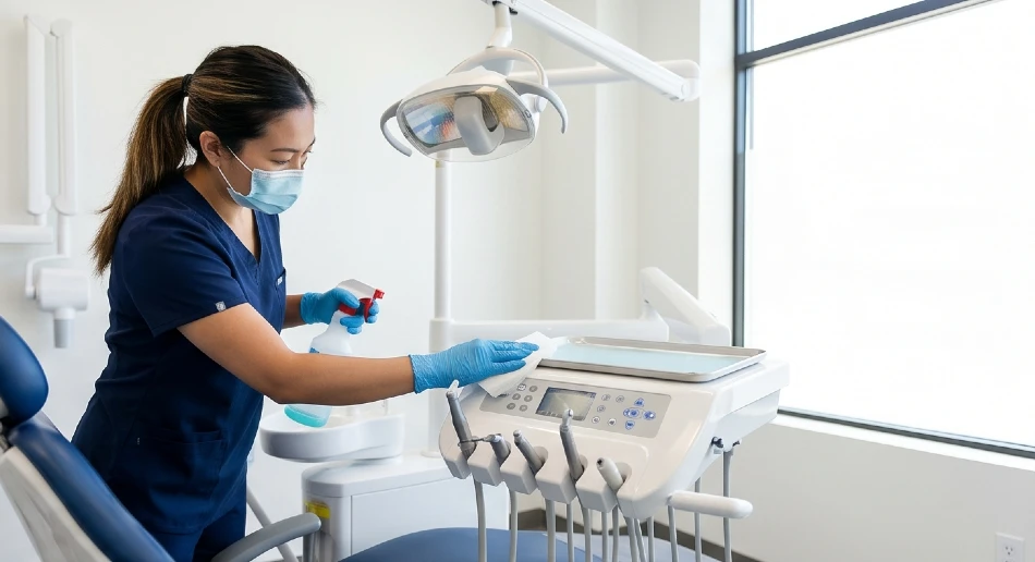 Dental Cleaning Pro team member wiping dental equipment